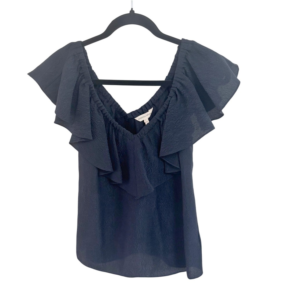 Rebecca Taylor Dark Romance Navy Silk Rose Jacquard Ruffle V-Neck Blouse Size 0